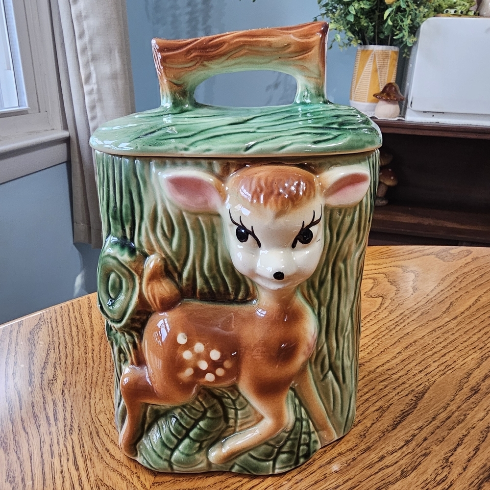 RARE Retro Mark Ungemach Deer Fawn Cookie Jar Canister USA Ceramic Pottery Bambi - Picture 2 of 7